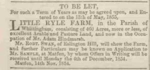 Letting advert for Little Ryle Farm, Newcastle Journal, 1854, copyright British Newspaper Archive